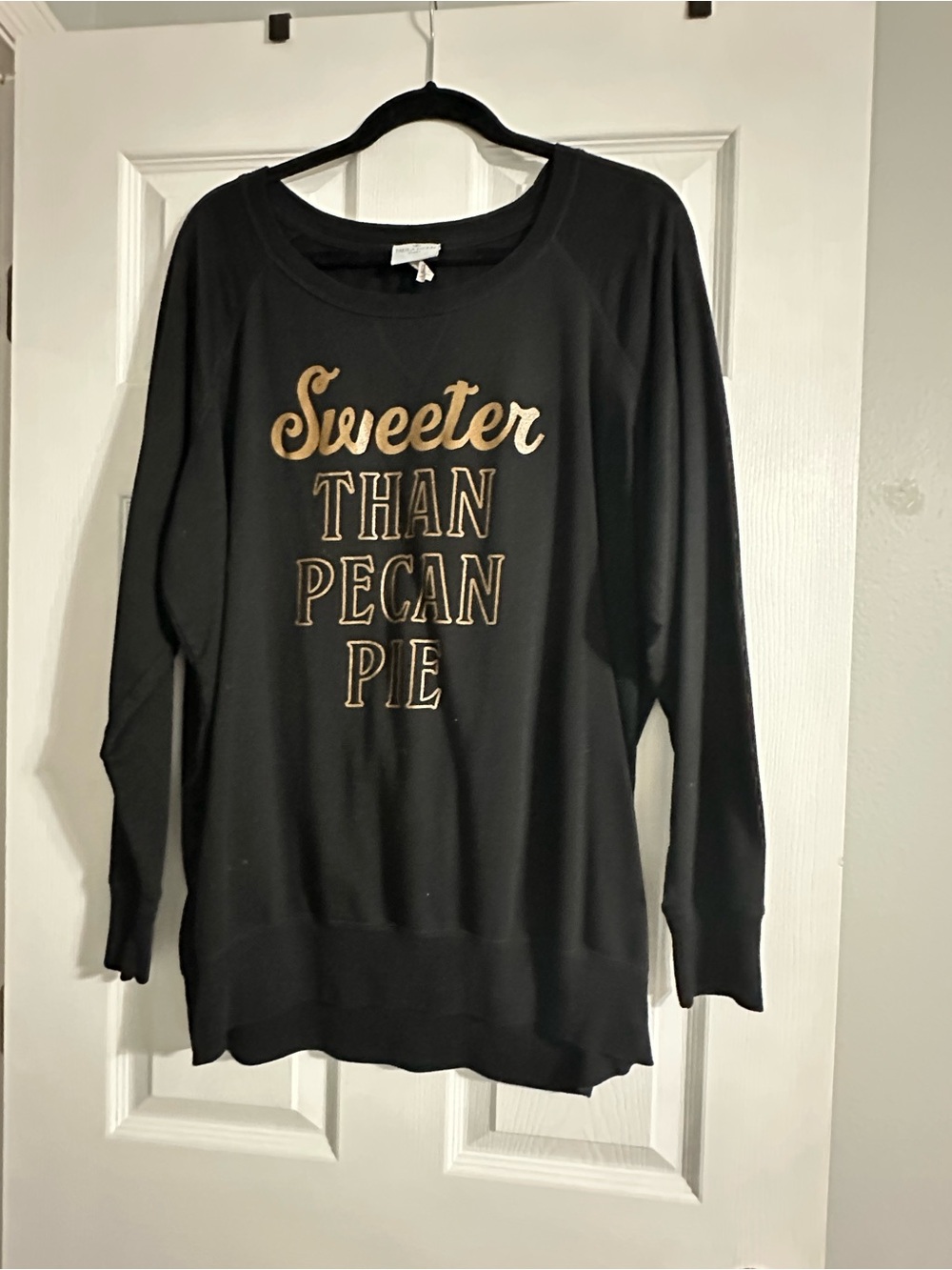 Paula Deen Crewneck Sweater with Gold 'Sweeter Than Pecan Pie' Graphic